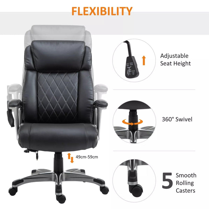 Image of a Black PU Leather Executive Chair For Home Office With Six Point Vibrating Massage, Swivel Wheels. The Chair is Comfortable And Has Diamond Stitching on The Back.