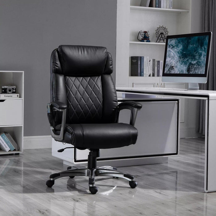 Image of a Black PU Leather Executive Chair For Home Office With Six Point Vibrating Massage, Swivel Wheels. The Chair is Comfortable And Has Diamond Stitching on The Back.