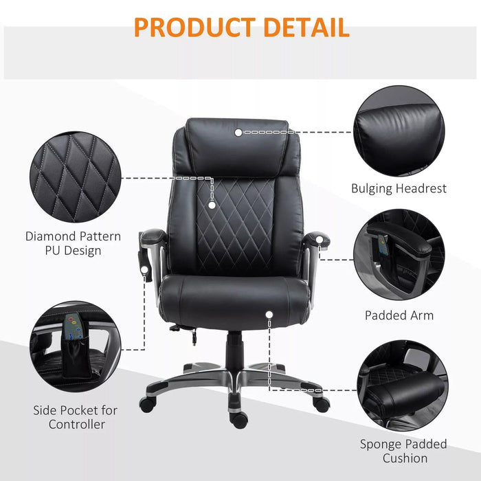 Image of a Black PU Leather Executive Chair For Home Office With Six Point Vibrating Massage, Swivel Wheels. The Chair is Comfortable And Has Diamond Stitching on The Back.