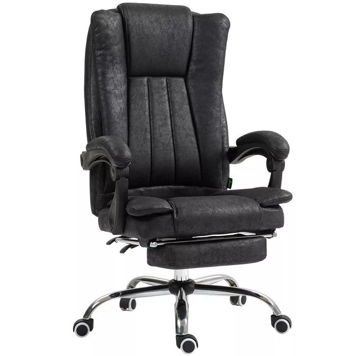 Image of a Black Executive Chair For Home Office With Footrest, swivel wheels and reclining backrest.