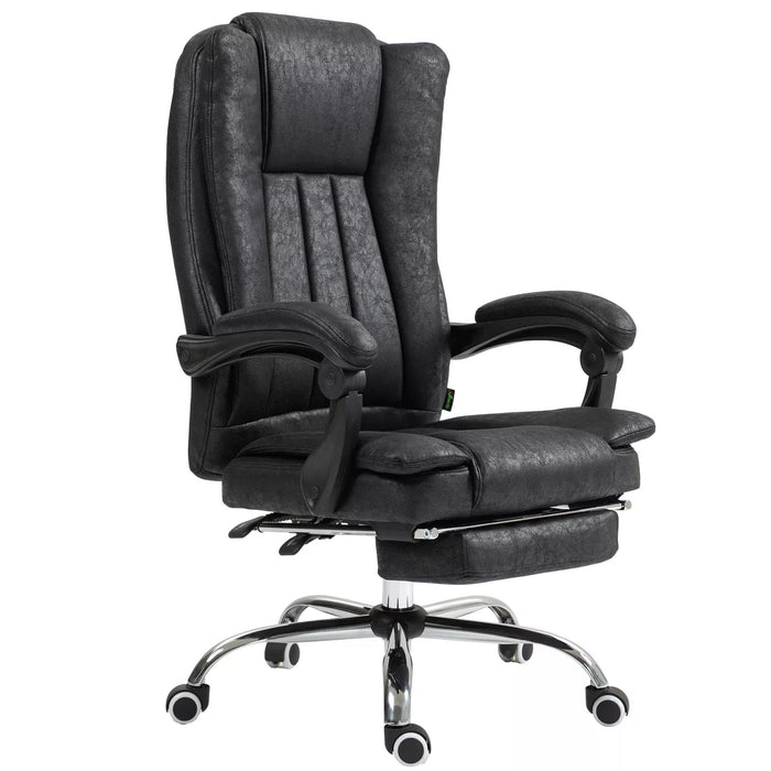 Image of a Black Executive Chair For Home Office With Footrest, swivel wheels and reclining backrest.