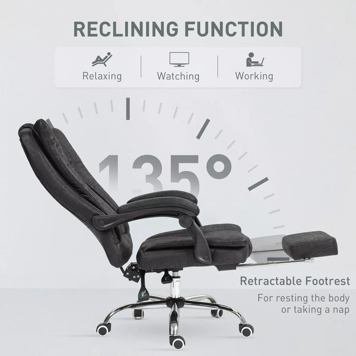 Image of a Black Executive Chair For Home Office With Footrest, swivel wheels and reclining backrest.