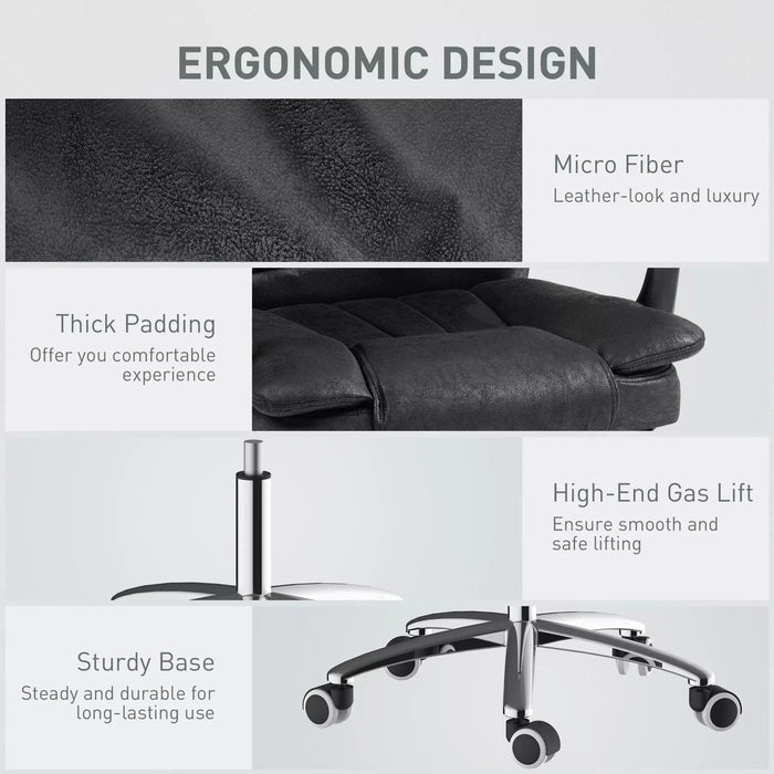 Image of a Black Executive Chair For Home Office With Footrest, swivel wheels and reclining backrest.