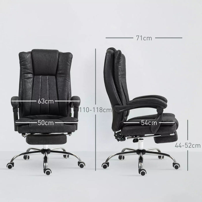 Image of a Black Executive Chair For Home Office With Footrest, swivel wheels and reclining backrest.