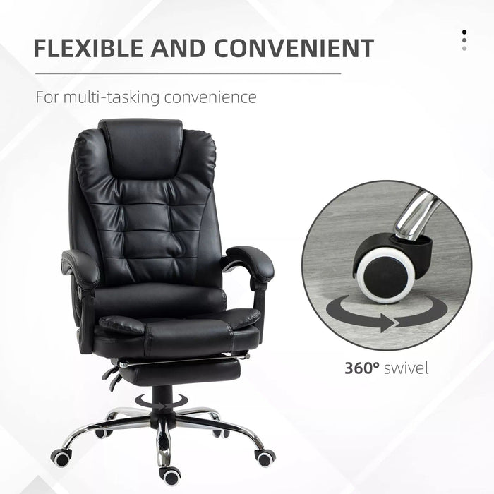 Image of a black leather executive office chair on wheels with armrests, and a retractable footrest for home office