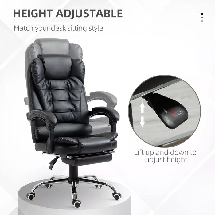 Image of a black leather executive office chair on wheels with armrests, and a retractable footrest for home office