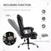 Image of a black leather executive office chair on wheels with armrests, and a retractable footrest for home office