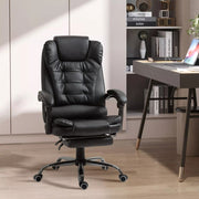 Image of a black leather executive office chair on wheels with armrests, and a retractable footrest for home office