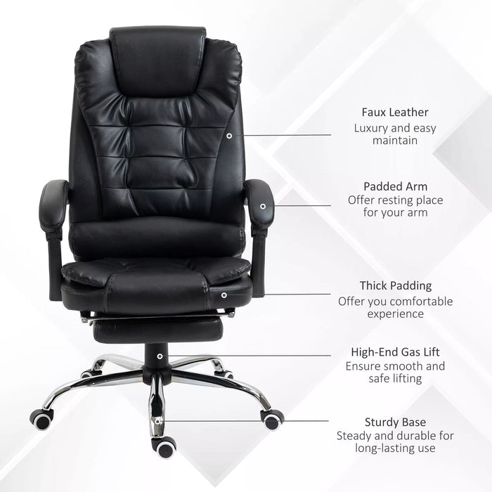 Image of a black leather executive office chair on wheels with armrests, and a retractable footrest for home office