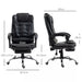 Image of a black leather executive office chair on wheels with armrests, and a retractable footrest for home office