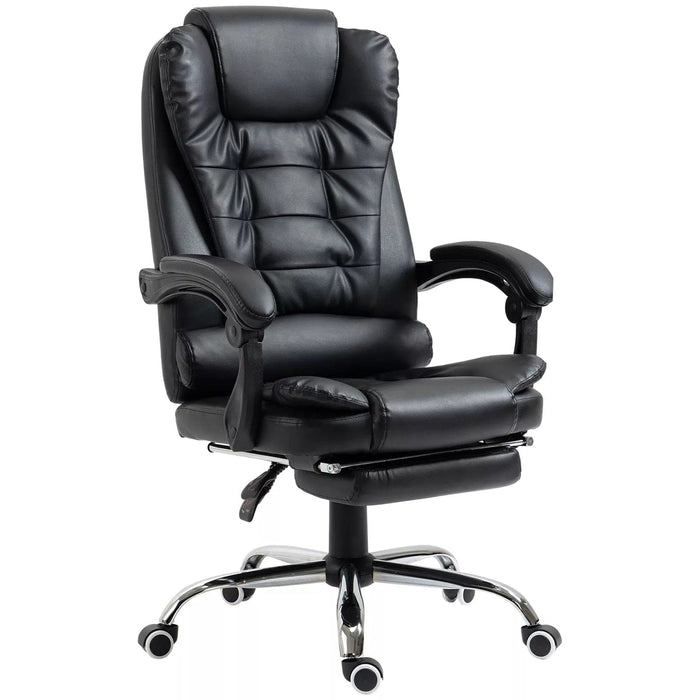 Image of a black leather executive office chair on wheels with armrests, and a retractable footrest for home office