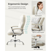 Image of a Executive Office Desk Chair With Wheels. This stylish ergonomic office chair is wrapped in cream pu leather with light brown accents. It has adjustable features and swivel wheels.