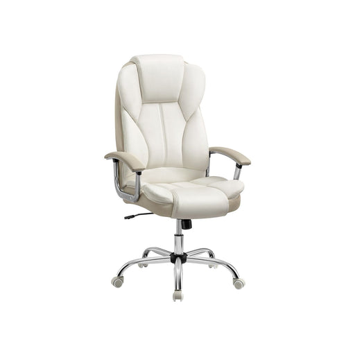 Image of a Executive Office Desk Chair With Wheels. This stylish ergonomic office chair is wrapped in cream pu leather with light brown accents. It has adjustable features and swivel wheels.