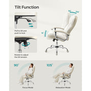 Image of a Executive Office Desk Chair With Wheels. This stylish ergonomic office chair is wrapped in cream pu leather with light brown accents. It has adjustable features and swivel wheels.