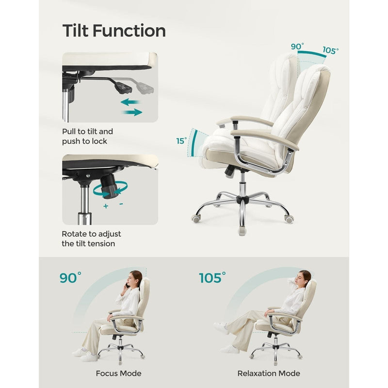 Image of a Executive Office Desk Chair With Wheels. This stylish ergonomic office chair is wrapped in cream pu leather with light brown accents. It has adjustable features and swivel wheels.