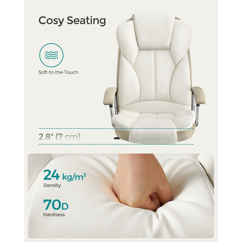 Image of a Executive Office Desk Chair With Wheels. This stylish ergonomic office chair is wrapped in cream pu leather with light brown accents. It has adjustable features and swivel wheels.