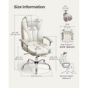 Image of a Executive Office Desk Chair With Wheels. This stylish ergonomic office chair is wrapped in cream pu leather with light brown accents. It has adjustable features and swivel wheels.
