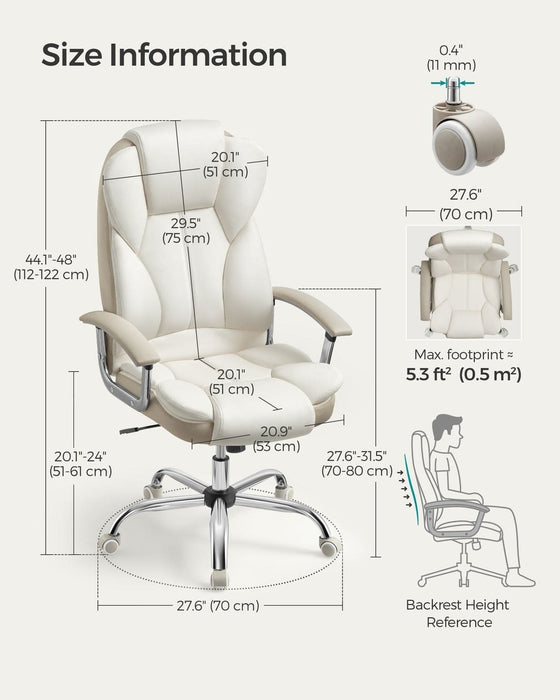 Image of a Executive Office Desk Chair With Wheels. This stylish ergonomic office chair is wrapped in cream pu leather with light brown accents. It has adjustable features and swivel wheels.