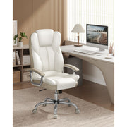 Image of a Executive Office Desk Chair With Wheels. This stylish ergonomic office chair is wrapped in cream pu leather with light brown accents. It has adjustable features and swivel wheels.