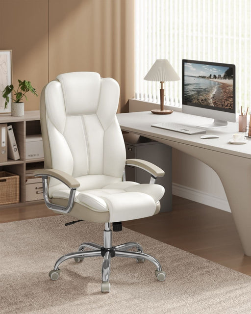 Image of a Executive Office Desk Chair With Wheels. This stylish ergonomic office chair is wrapped in cream pu leather with light brown accents. It has adjustable features and swivel wheels.