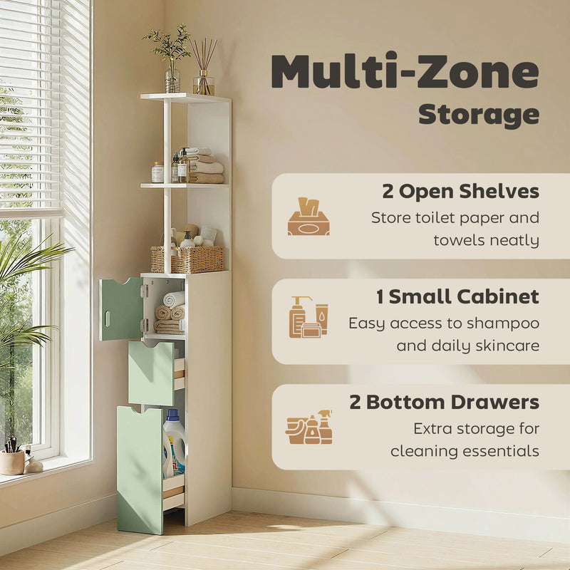 Bathroom Floor Cabinet for Small Spaces with Shelves and Drawers White Light Green