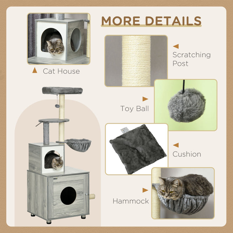 Enclosed Cat Litter Box with Bed and Scratching Posts for Indoor Cats, Grey