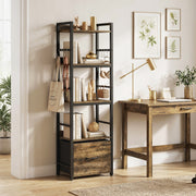 Slim Bookshelf with Drawer and Hooks for Small Spaces and Corners Rustic Brown AOSOM