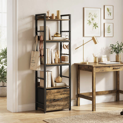 Slim Bookshelf with Drawer and Hooks for Small Spaces and Corners Rustic Brown AOSOM
