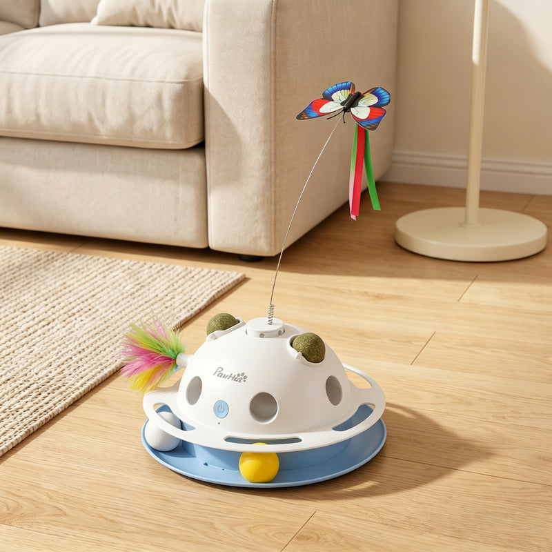 Automatic Interactive Cat Toy for Indoor Play and Exercise with Feathers and Butterfly Blue White Pawhut