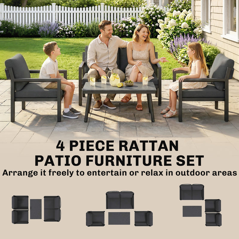 4 Piece Rattan Garden Furniture Set with Loveseat, Armchairs and Coffee Table — Beige or Dark Grey Outsunny