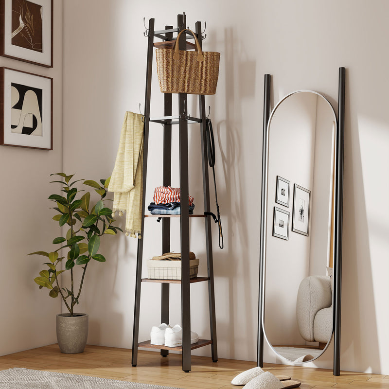 Industrial Coat Stand with 8 Hooks and 4 Storage Shelves for Hallway Organisation, Rustic Brown