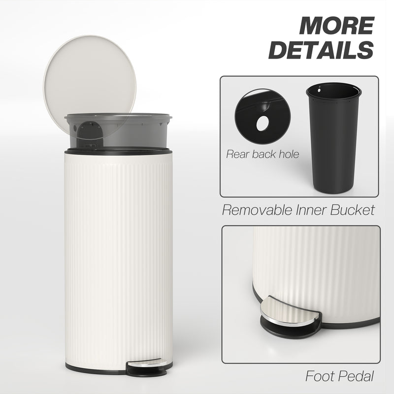 Kitchen Pedal Bin 30L with Soft Close Lid and Removable Inner Bucket Cream Homcom