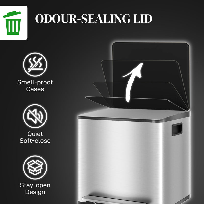 Double Bin For Kitchen Bin with Dual Compartments for Rubbish and Recycling, Stainless Steel, Silver Homcom