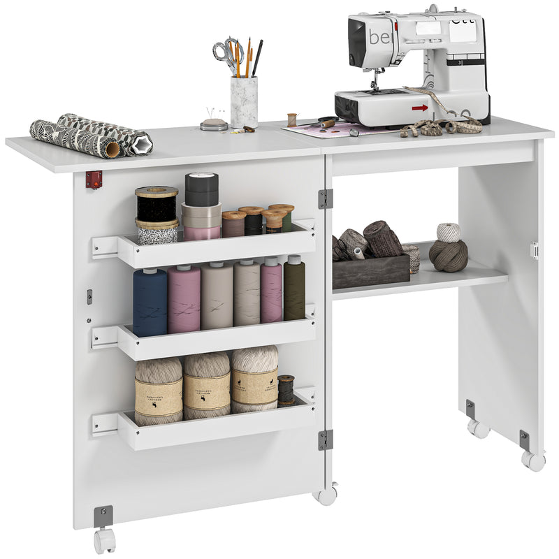White Folding Sewing Table with Drop Leaf Storage Bins and Wheels by HOMCOM