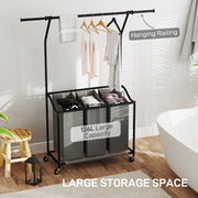 Dark Grey Rolling Laundry Sorter With Hanging Rail and 3-Bag Organiser by HOMCOM
