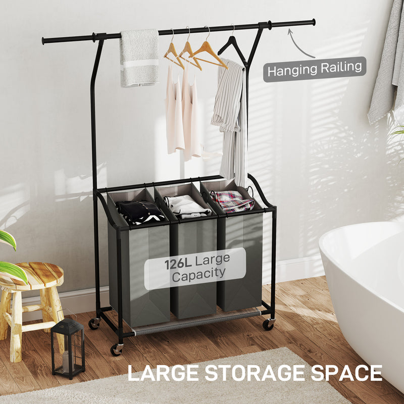 Dark Grey Rolling Laundry Sorter With Hanging Rail and 3-Bag Organiser by HOMCOM