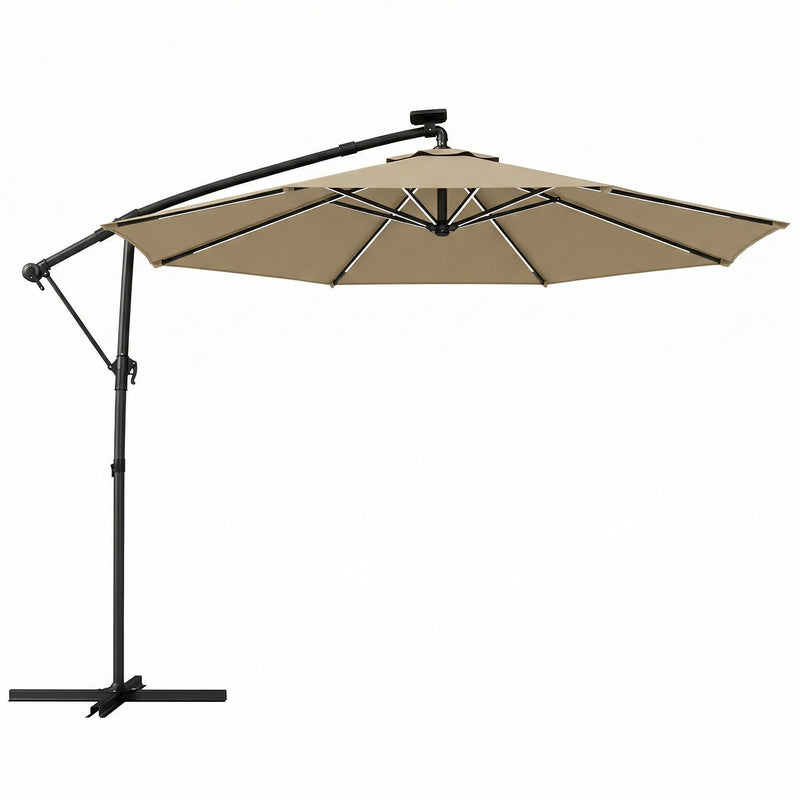 3m Cantilever Parasol With Lights For Garden or Patio - Adjustable Shade - Khaki