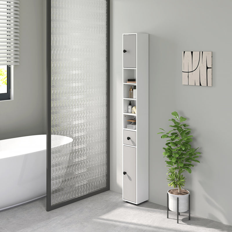 Slim 180cm Light Grey Bathroom Cabinet with Drawer Shelves and Cupboards for Extra Storage