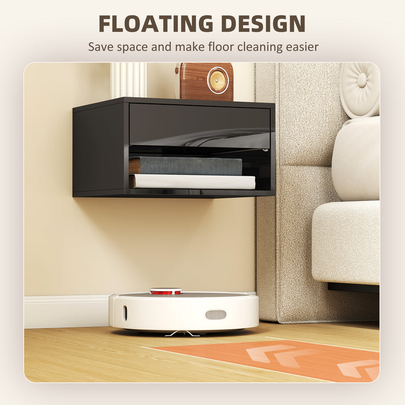 Floating Bedside Tables Set of 2 with Drawer and Shelf Space Saving High Gloss Black AOSOM