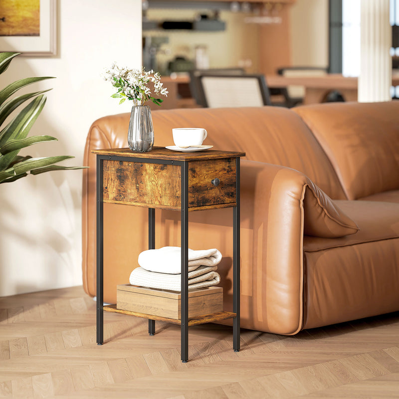 Slim Side Table with Drawer and Storage Shelf Ideal for Small Spaces, Rustic Brown