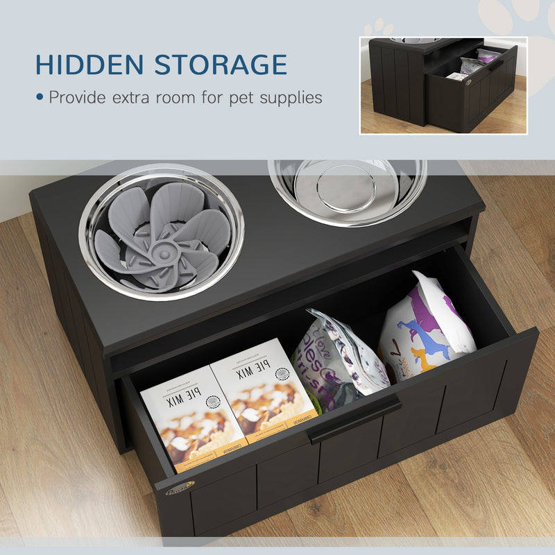 Raised Dog Bowl with Slow Feeder and Storage Drawer for Large Dogs Black by PawHut