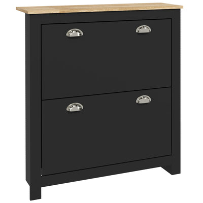 2 Drawer Wooden Shoe Cabinet With Flip Doors Fits 12 Pairs Ideal For Hallways, Black