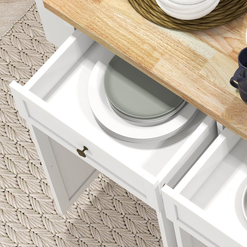 White Rolling Kitchen Island Trolley with Rubber Wood Top and Storage Drawers by HOMCOM