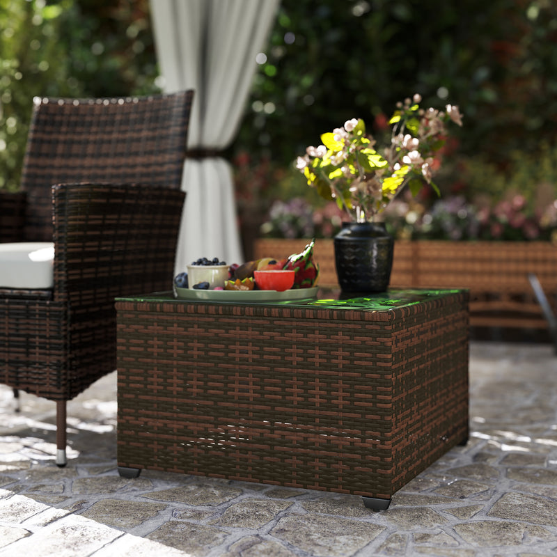 Brown Rattan Side Table with Glass Top 62 x 62cm for Garden or Patio by Outsunny