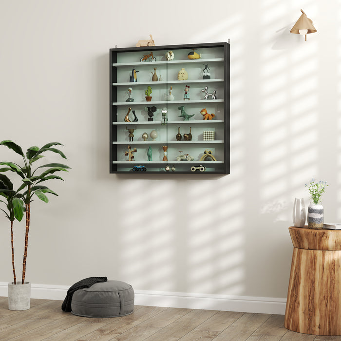 Black and White 7 Tier Wall Display Cabinet with Glass Doors and Adjustable Shelves by HOMCOM