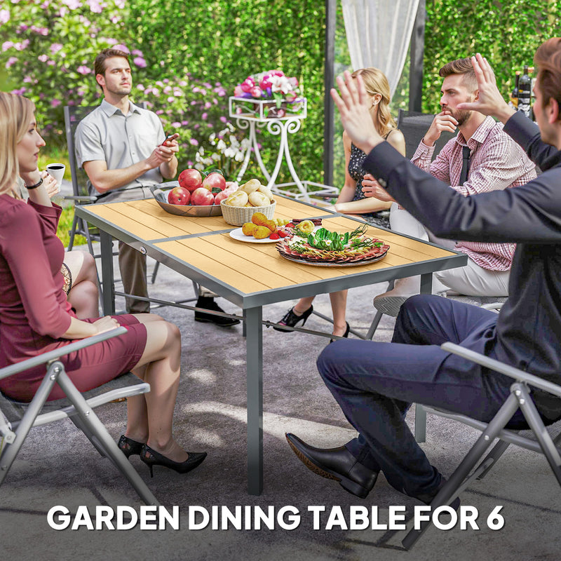 6 Seater Garden Dining Table with Umbrella Hole Rust Resistant Frame Wood Effect Top by Outsunny