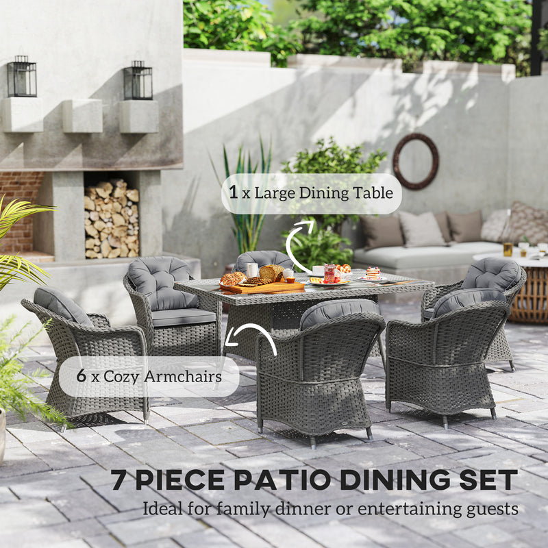 Light Grey 6 Seater Rattan Dining Set With Cushions and Glass Table by Outsunny