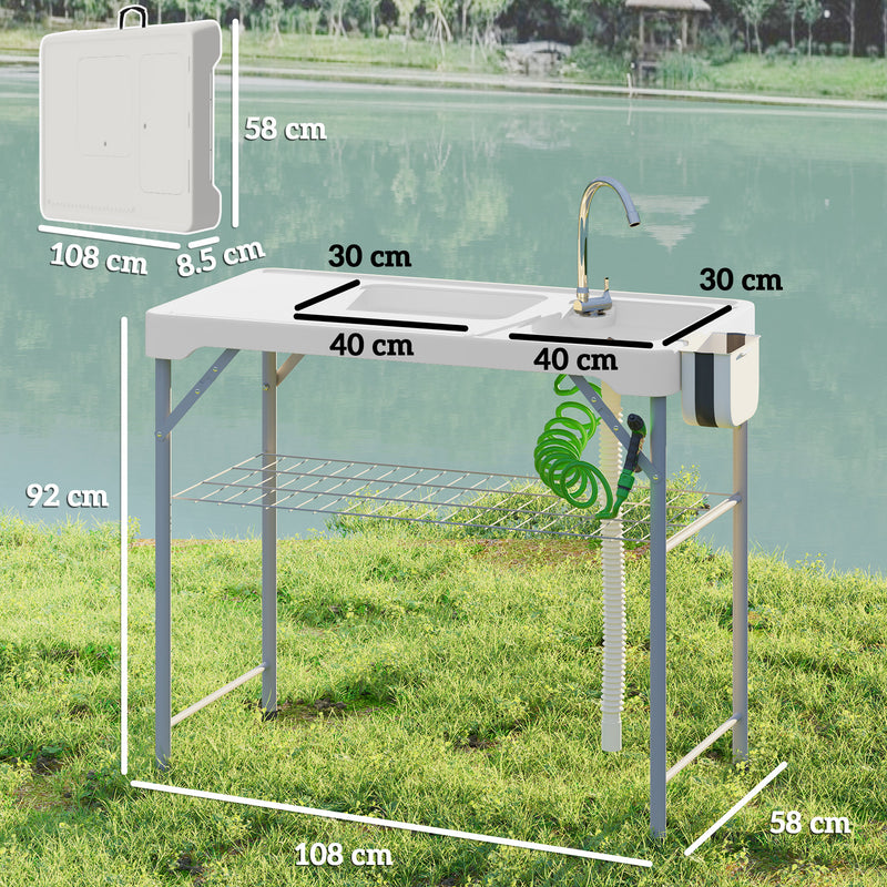 Folding Outdoor Fish Cleaning Table with Dual Sinks and Storage for Camping White