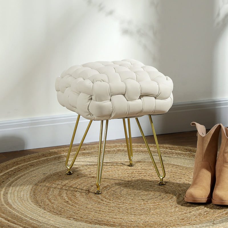 Cream White Velvet Feel Woven Square Footstool With Gold Legs Stylish and Comfortable by HOMCOM