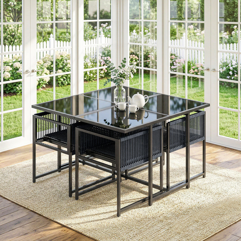 5 Piece Garden Dining Set for 4 with Foldable Chairs and Tempered Glass Table, Grey Outsunny